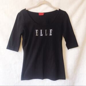 Elle Black "ELLE" Quarter Sleeve Scoop Neck T-Shirt
